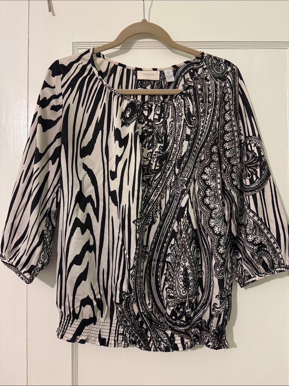 Chico's Black & White Mixed Print Peasant Top